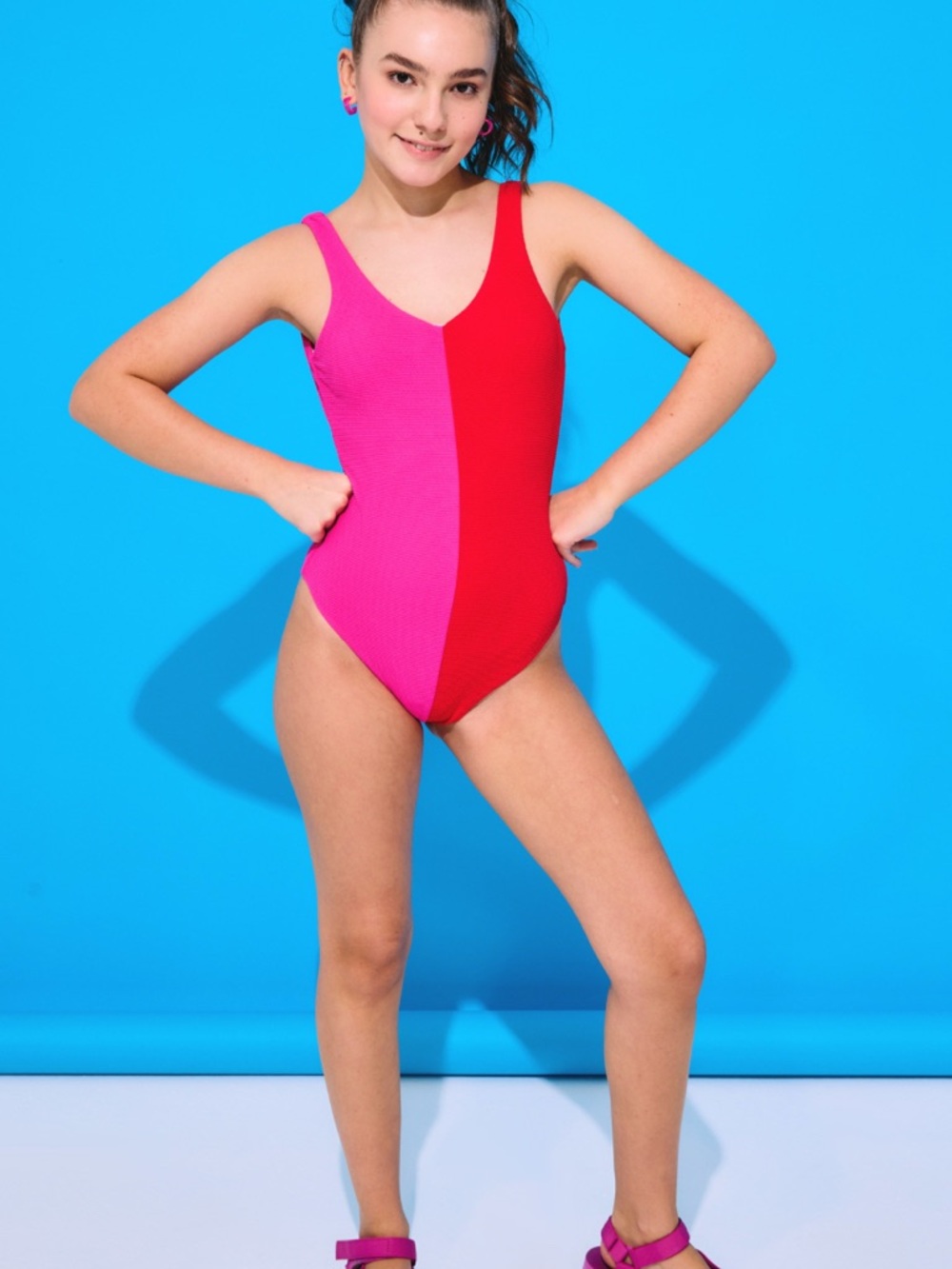 Terez Pink and Red Colorblock Girls One-Piece Swimsuit
